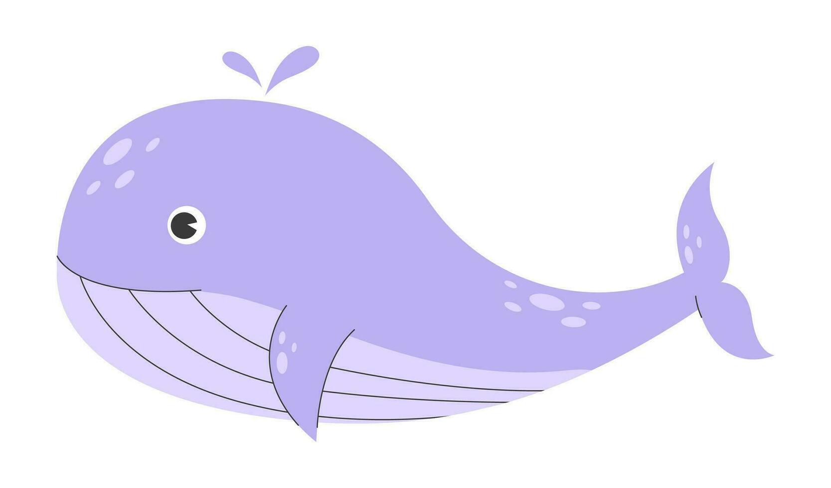 Cute purple whale swimming in sea or ocean. Giant underwater animal. Poster with cute marine purple whale. Childish colored flat vector illustration isolated on white.