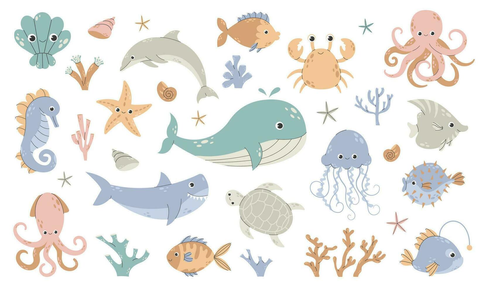 Fish and wild marine animals are isolated on white background. Inhabitants of the sea world, cute, funny underwater creatures dolphin, shark, ocean crabs, sea turtle. Flat cartoon vector illustration.