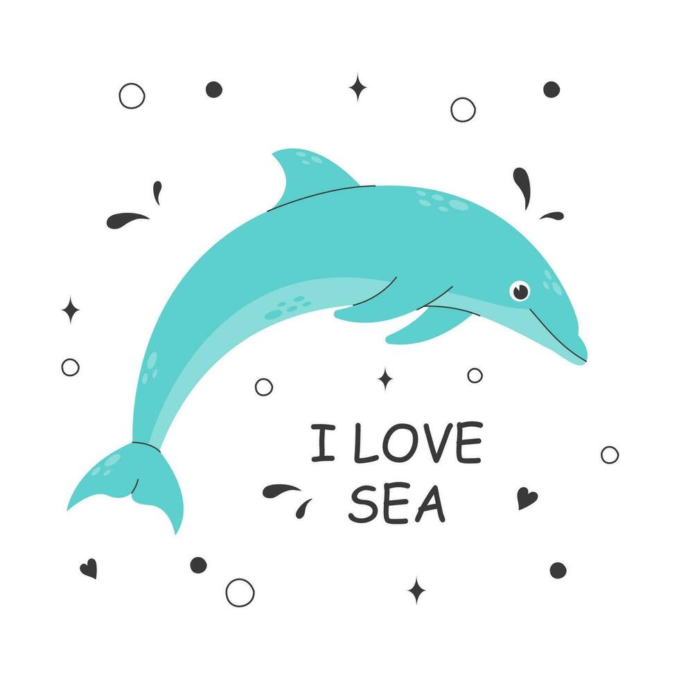 Poster with cute blue dolphin with marine elements on a white background. Children's character with an inscription. Colored flat vector illustration. Concept of saving and protecting sea creatures.