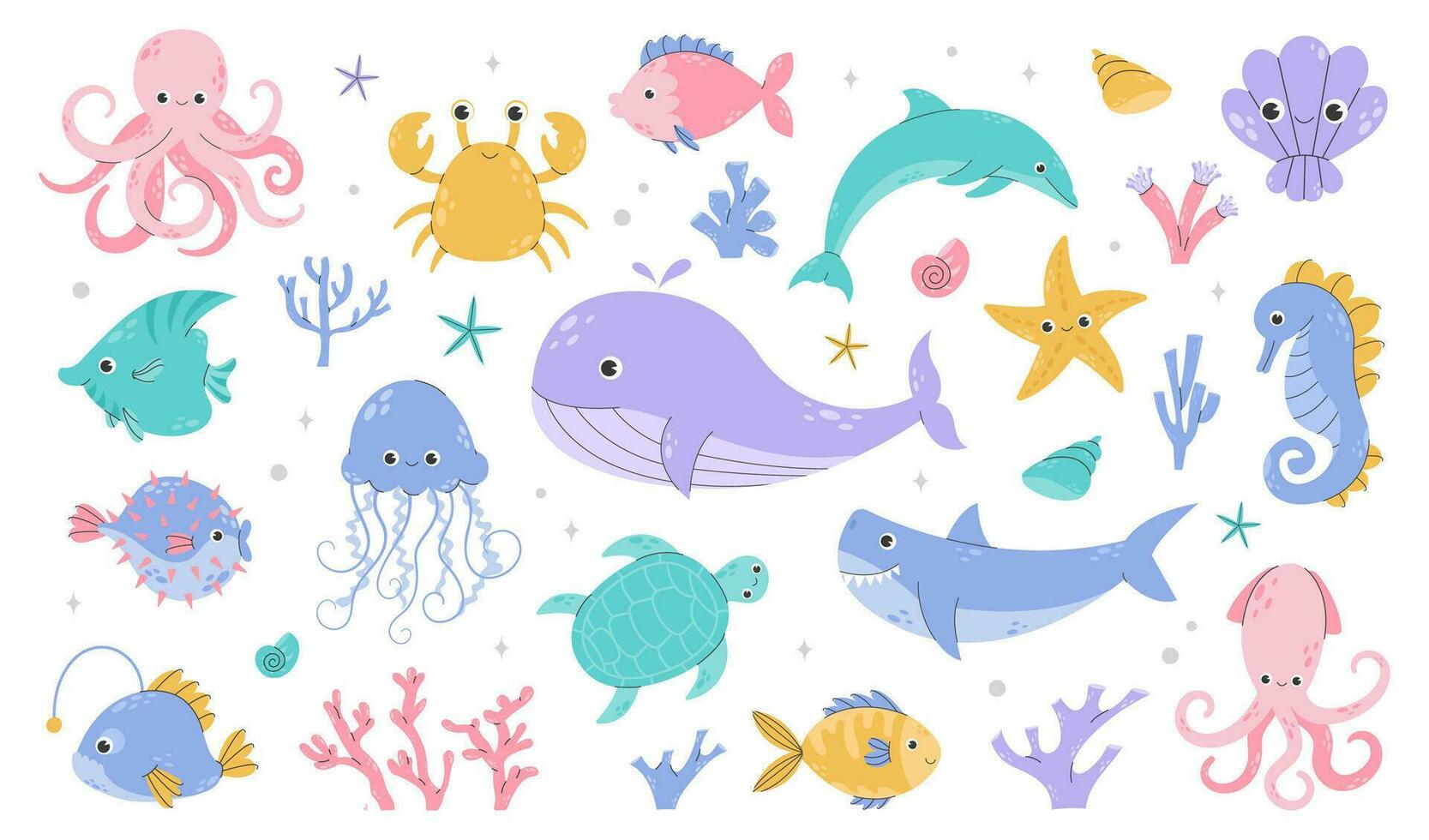 Set of sea and ocean underwater animals. Cute aquatic turtle, whale, whale, dolphin, octopus and colorful fishes. Childish colored flat cartoon vector illustration isolated on white background