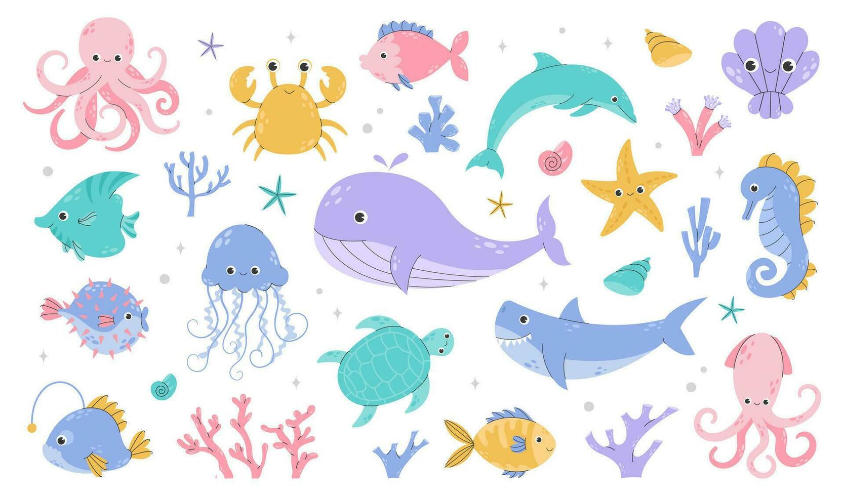 conjunto de mar y Oceano submarino animales linda acuático tortuga, ballena, ballena, delfín, pulpo y vistoso peces infantil de colores plano dibujos animados vector ilustración aislado en blanco antecedentes