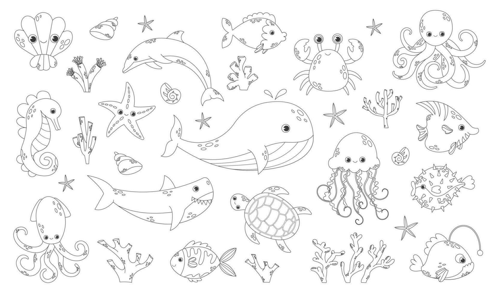 lindo juego de garabatos de criaturas marinas y animales submarinos. tortuga de agua, ballena, pulpo, medusa, cangrejo y pez. elementos de vida marina en estilo boceto. ilustración vectorial de contorno vector