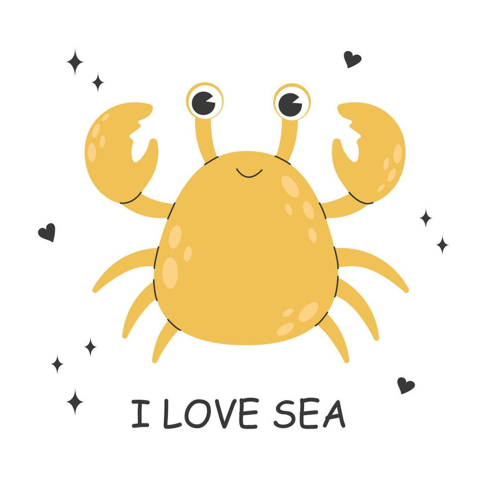 Cute crab character with a kawaii smile on a white background with doodle elements and lettering I LOVE SEA. Childish colored flat cartoon vector illustration of funny smiling yellow lobster.