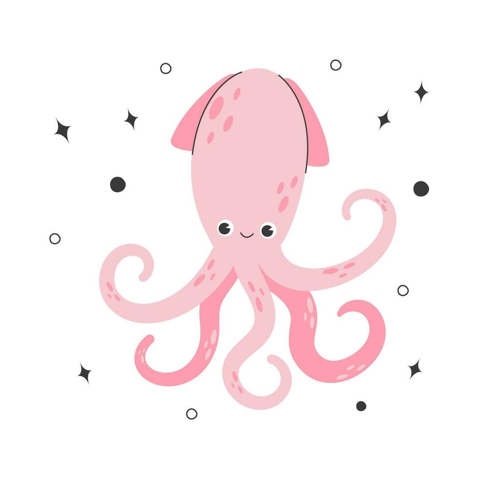 Joyful squid isolated on white background. Happy marine animal, funny mollusc with tentacles, seabed dweller, underwater creature. Fauna of tropical sea or ocean. Flat cartoon vector illustration.