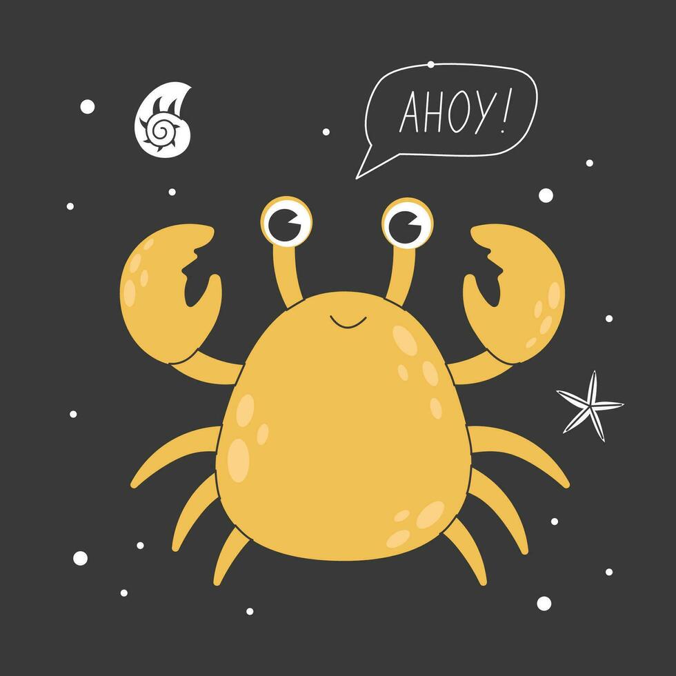 Cute crab character with a kawaii smile on a dark background with marine elements and lettering. Childish colored flat cartoon vector illustration of funny smiling yellow lobster.