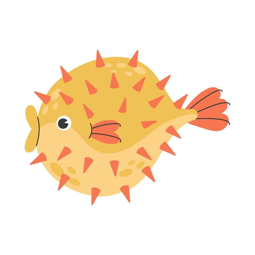 Poster with cute marine yellow puffer fish isolated on white background with doodle elements. Colorful illustration of poisonous fish. Cute cartoon undersea world. Vector stock illustration.