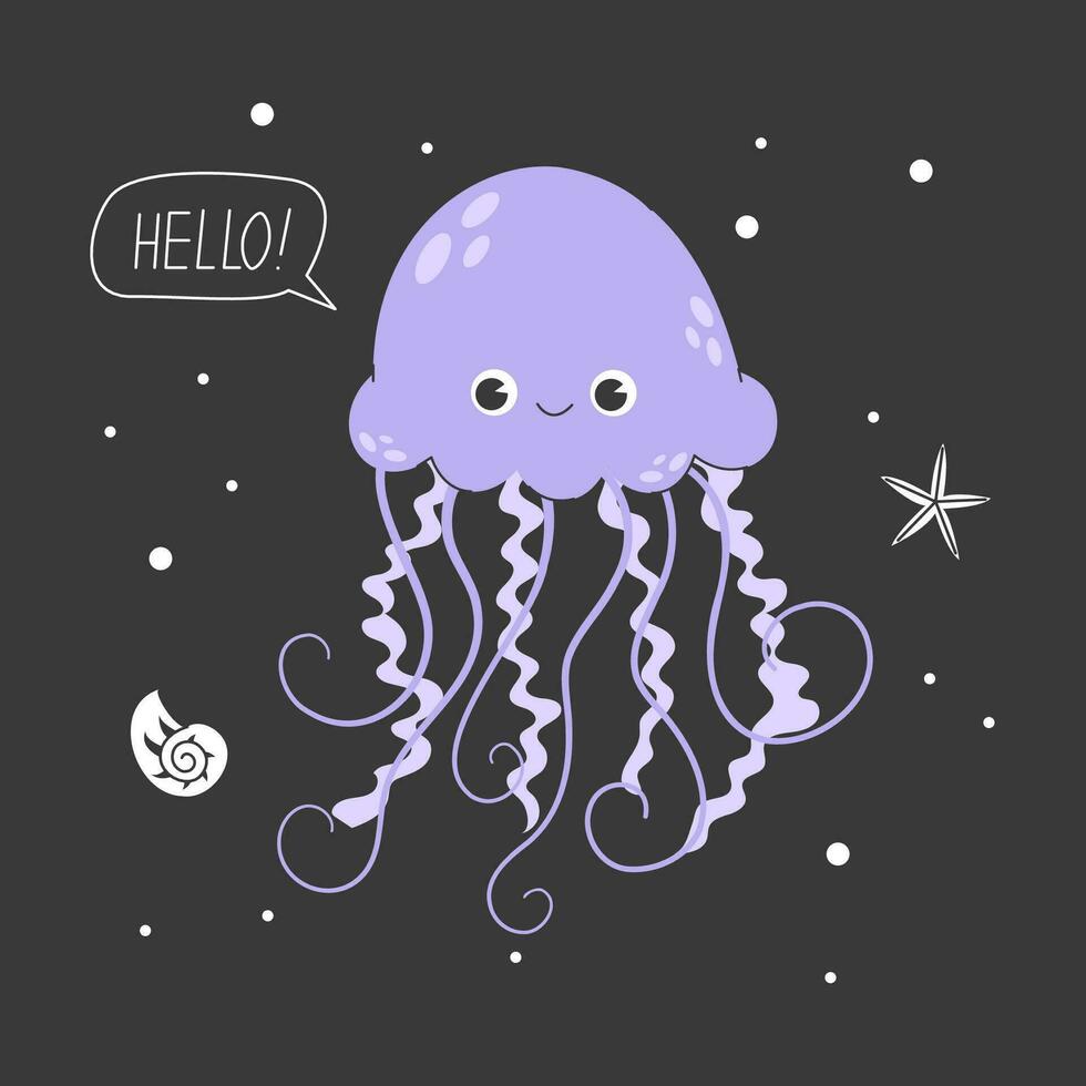 tarjeta con púrpura linda Medusa en un oscuro antecedentes. kawaii para niños póster con náutico elementos, Hola letras y un flotante Medusa. mar vida con tentáculos vector valores ilustración.