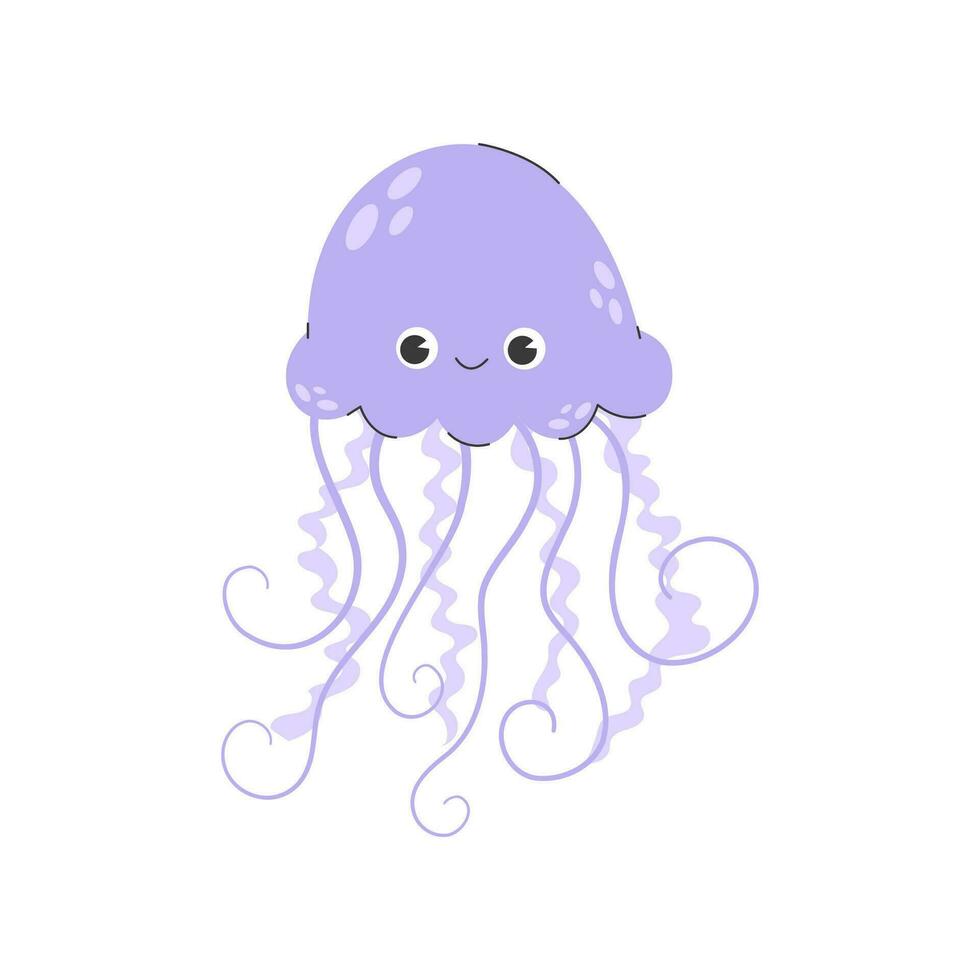 Cute smiling jellyfish or medusa. Funny underwater jelly fish with eyes. Childish colored flat cartoon vector illustration. Sea life with tentacles. Vector stock illustration.