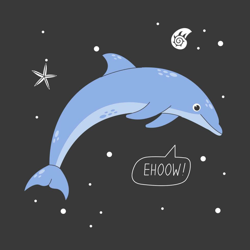 Poster with cute blue dolphin with marine elements on a dark background. Children's character with an inscription. Colored flat vector illustration. Concept of saving and protecting sea creatures.