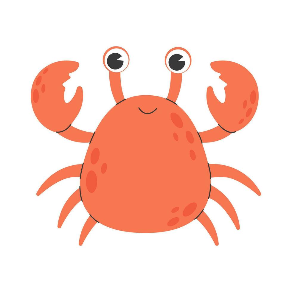 Cute red crab with funny eyes and claws. Sea creature with pincers isolated on white background. Childish colored flat cartoon vector illustration of funny smiling lobster