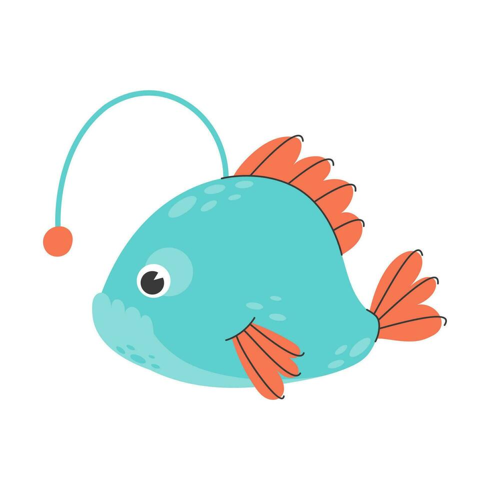 Cute angler fish. Childrens illustration of a fish. Monkfish living at the bottom of the ocean. Vector stock illustration isolated on white background.