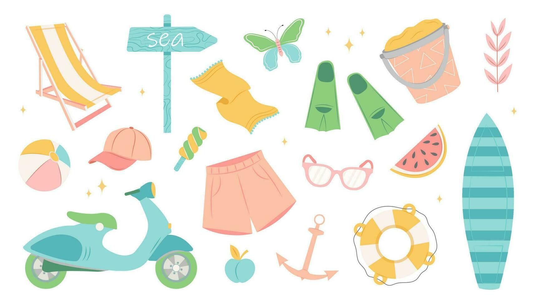 Set of summer stickers. Icons for tropical vacation. Seasonal elements collection. ice cream, pineapple, tropic leaves, cocktails, watermelon, beach accessories. Vector collection of cute elements