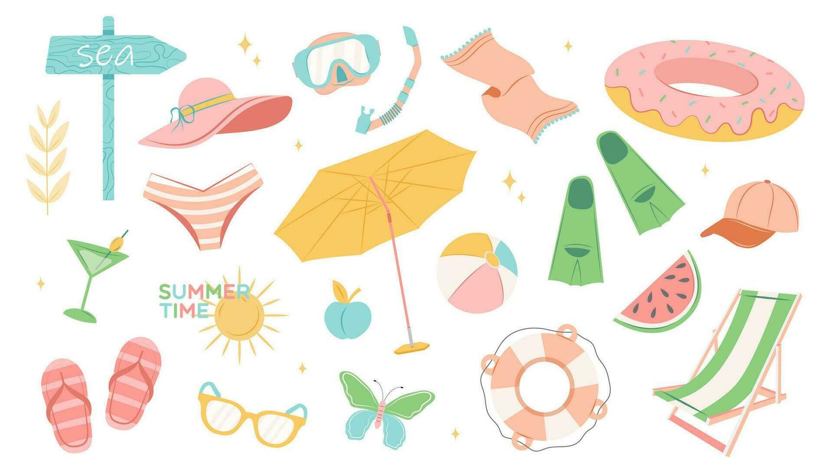 Vector summertime set with summer items umbrella, snorkel mask and snorkel, slippers, ice cream, cocktail, sunglasses, hat, cap, swimming circle. Doodle cartoon vector illustration