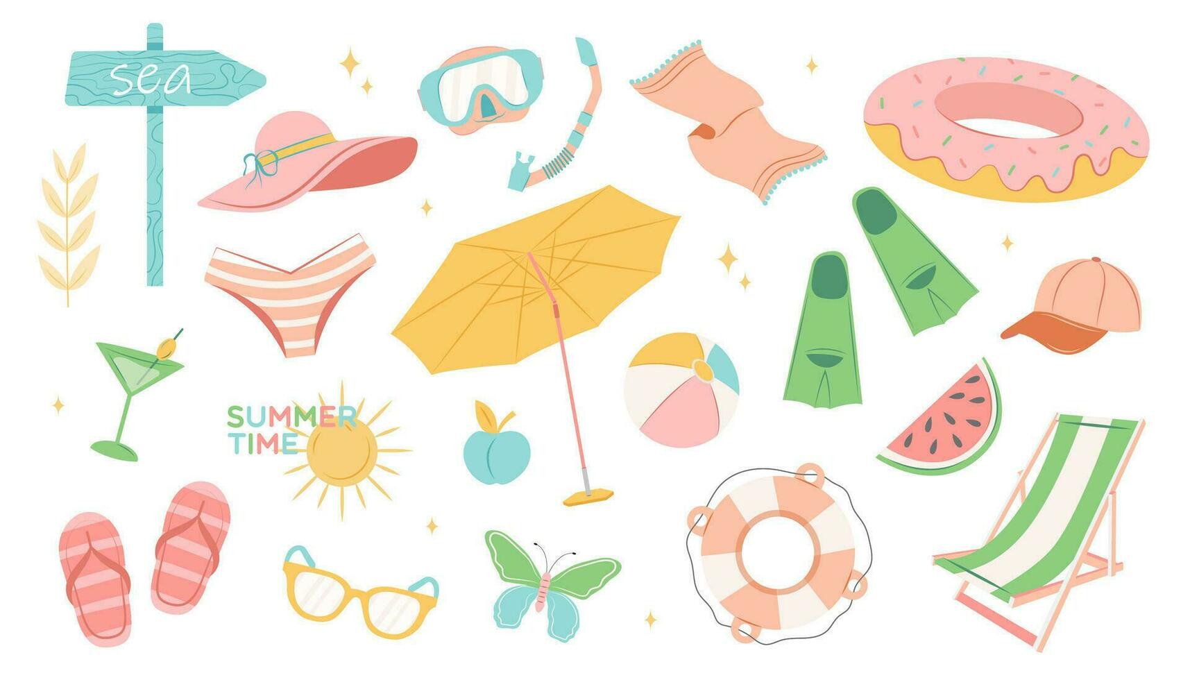 vector Hora de verano conjunto con verano artículos paraguas, tubo respirador máscara y tubo respirador, zapatillas, hielo crema, cóctel, Gafas de sol, sombrero, gorra, nadando círculo. garabatear dibujos animados vector ilustración