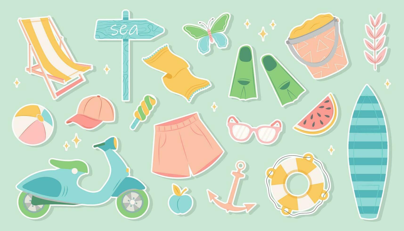 Big summer set. Summer set of cute elements swimsuit, sunglasses, sun lounger with umbrella, swimming circle, hat, fruit, ice cream, cocktail, fins and mask. Cartoon vector illustration. Flat sticker