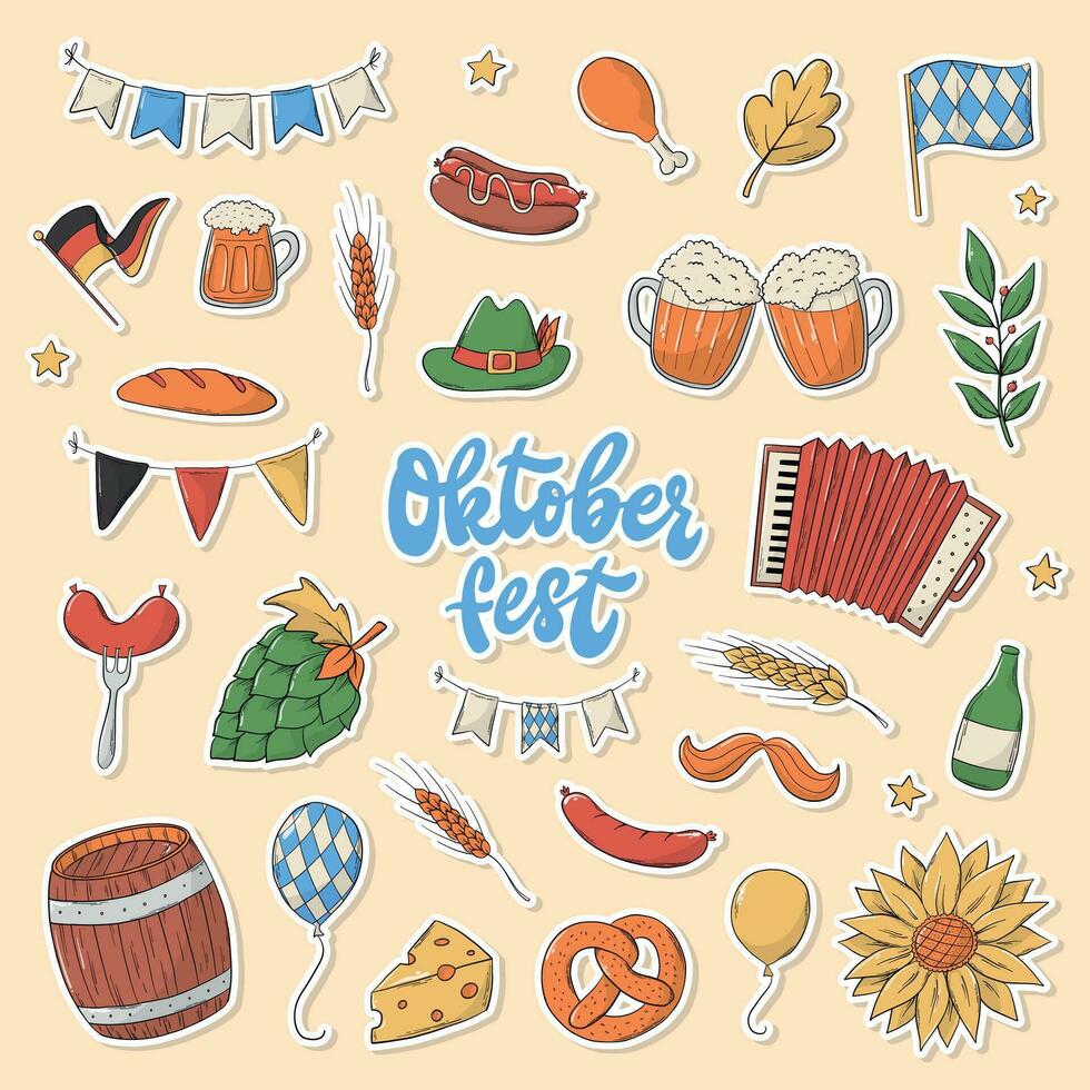 Set of Oktoberfest hand drawn stickers with white edge. Doodles, cartoon elements for prints, sublimation, holiday decor, icons, cards, etc. EPS 10 vector
