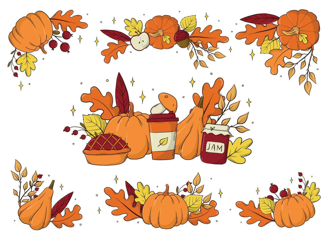 set of autumn compositions, stickers decorated with doodles of leaves and pumpkins. Good for prints, sublimation, planners, signs, cards, banners, signs, posters, etc. EPS 10 vector