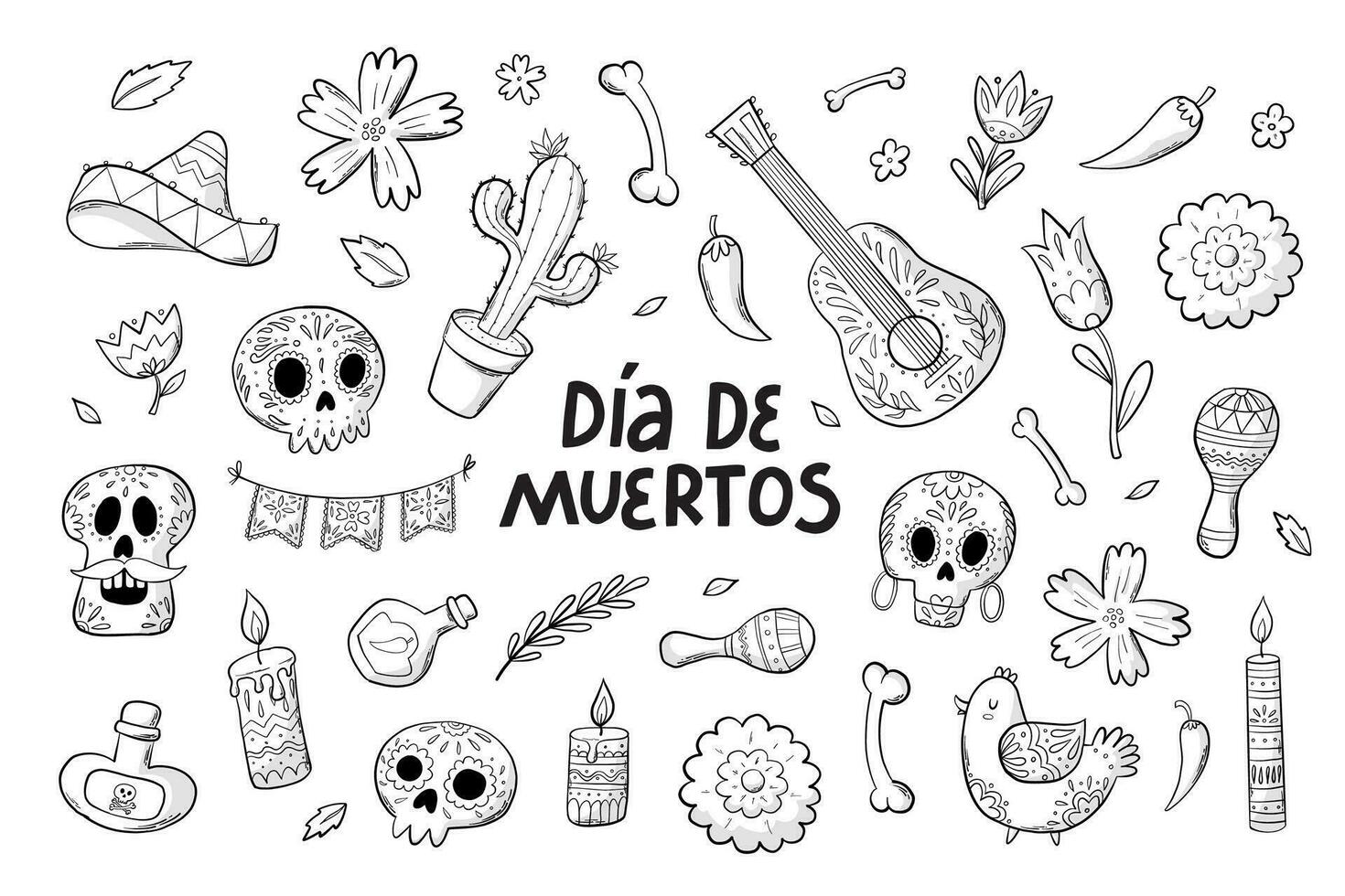 set of monochrome dia de muertos doodles, cartoon elements, hand drawn elements. Good for prints, stickers, clip art, cards, banners, coloring pages, etc. EPS 10 vector