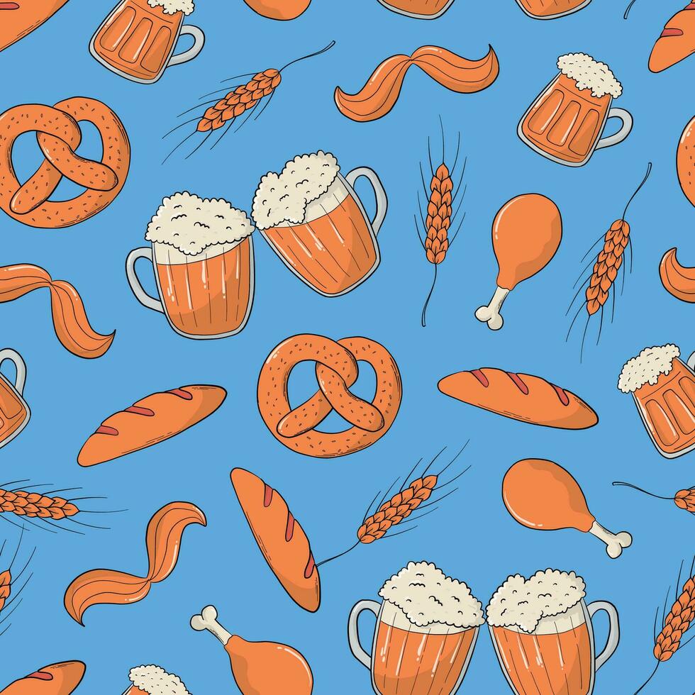 Oktoberfest seamless pattern with doodles for wallpaper, backgrounds, scrapbooking, packaging, wrapping paper, prints, etc. EPS 10 vector