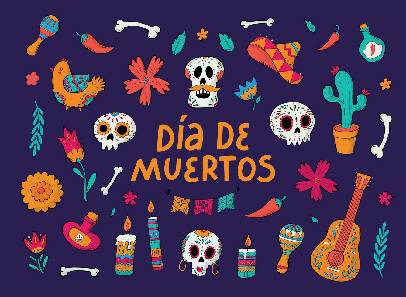 conjunto de mano dibujado garabatos, dibujos animados elementos para dia Delaware muertos. bueno para pegatinas, huellas dactilares, tarjetas, señales, carteles, otro fiesta decoración. eps 10 vector