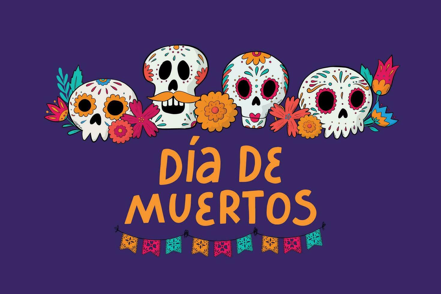dia de muertos lettering quote decorated with doodles of skulls and flowers for banners, prints, cards, signs, invitations, templates, etc. EPS 10 vector