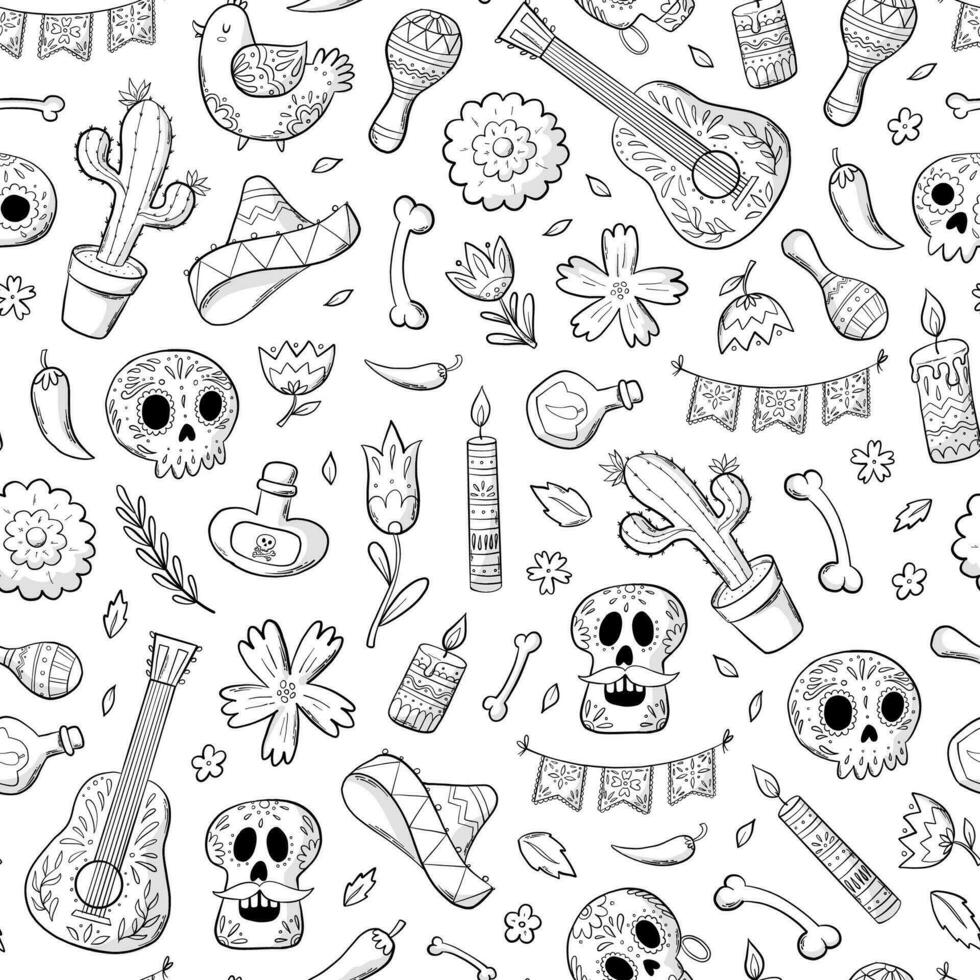 Dia de los muertos monochrome seamless pattern with hand drawn doodles, cartoon elements for wallpaper, scrapbooking, packaging, prints, coloring pages, wrapping paper, etc. EPS 10 vector