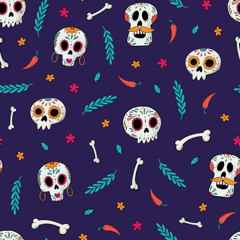 Dia de los muertos seamless pattern with doodles for wallpaper, textile prints, digital paper, scrapbooking, stationary, wrapping paper, backgrounds, etc. EPS 10 vector