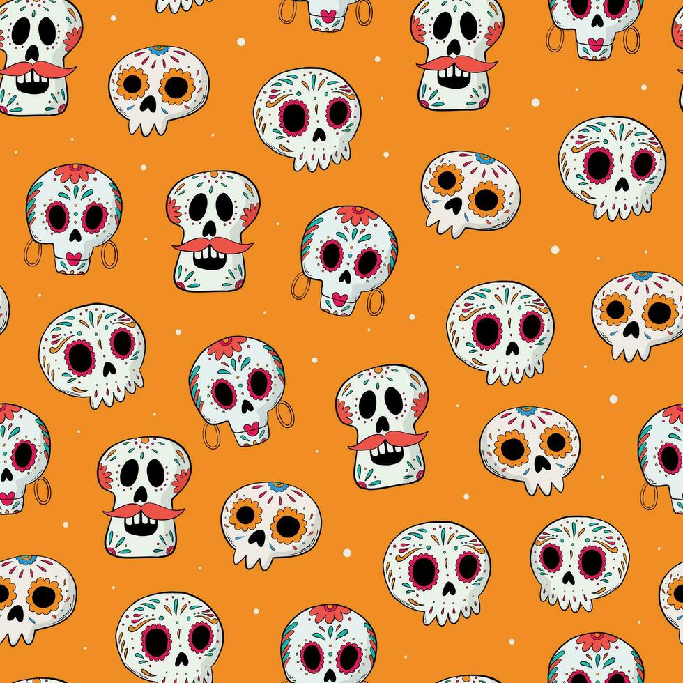 Dia de los muertos seamless pattern with doodled skulls on yellow background for wallpaper, scrapbooking, textile prints, stationary, packaging, wrapping paper. EPS 10 vector