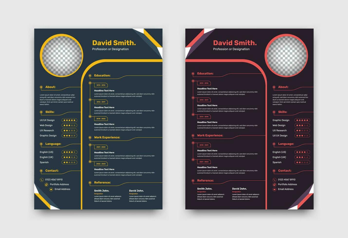 Dark curriculum vitae or resume template design with abstract shapes and image placeholder vector