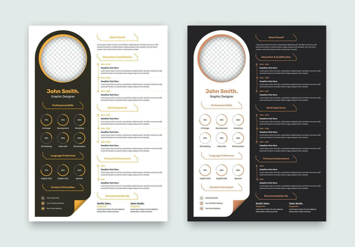 Minimalistic modern professional resume or curriculum vitae template design with dark and light color variation vector