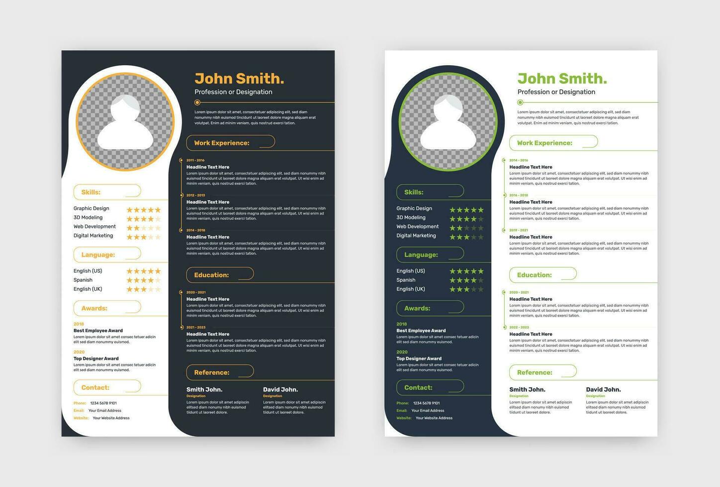 Modern professional single page curriculum vitae or resume with two color variations vector
