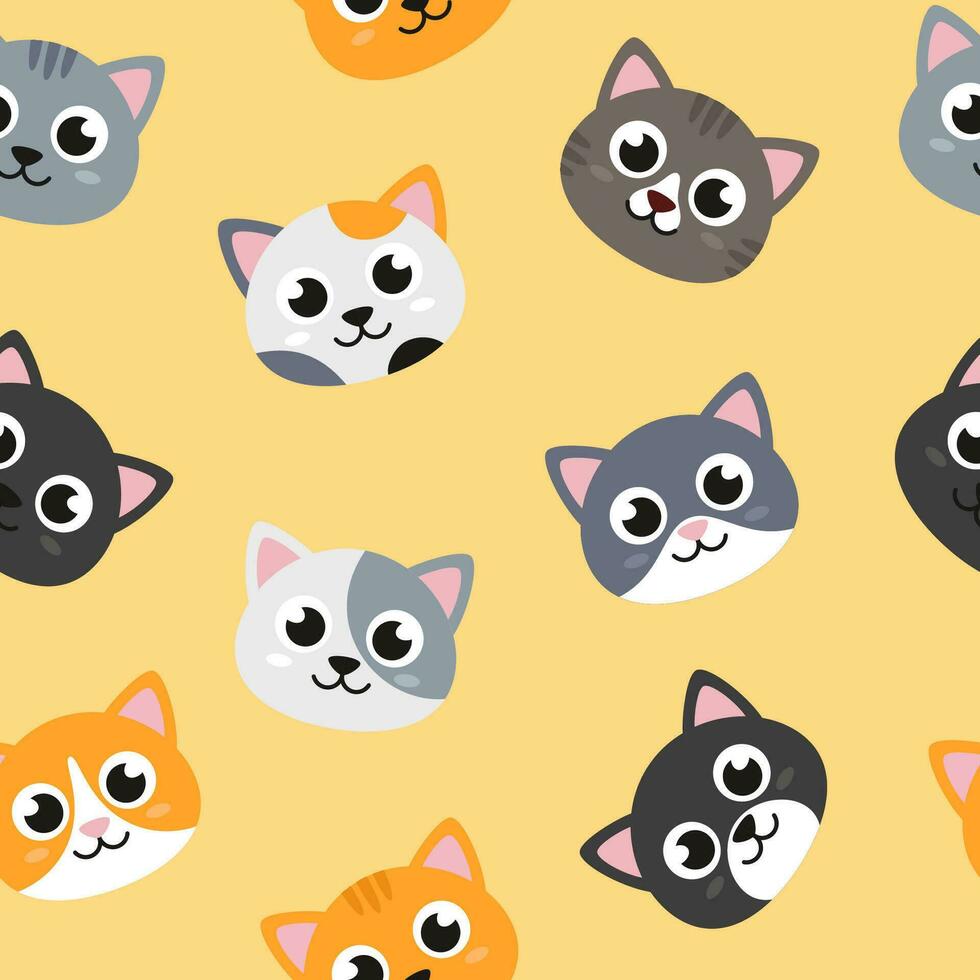 Cat, kitten heads, seamless pattern, flat style illustrations background vector