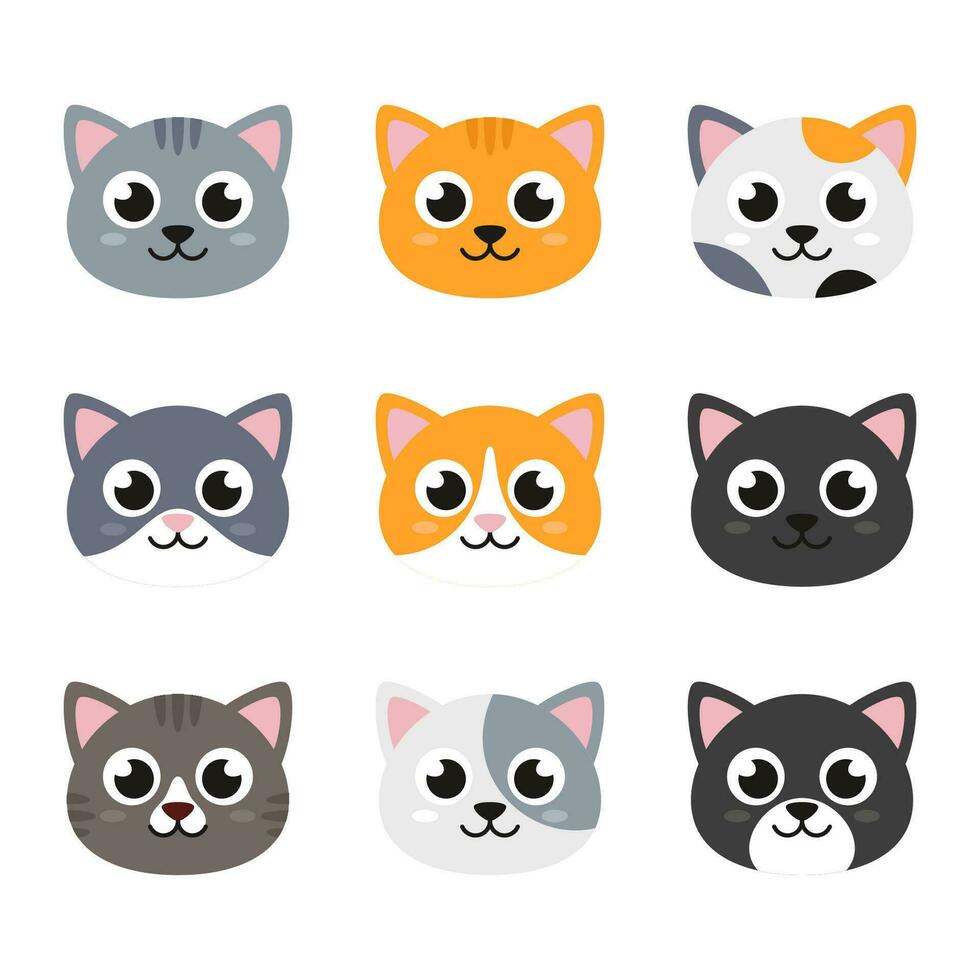 Cats, kittens heads, faces. Set of simple flat style illustrations vector
