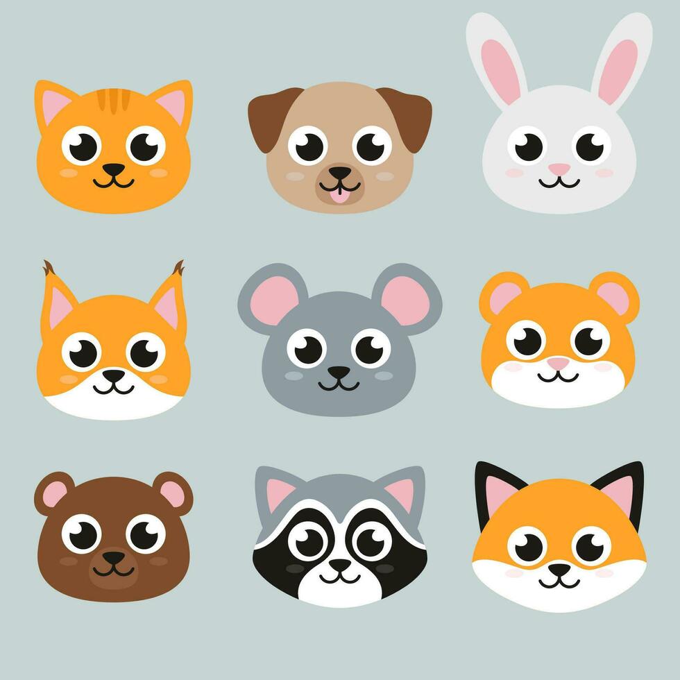 cabezas de linda animales, conjunto de plano estilo ilustraciones vector