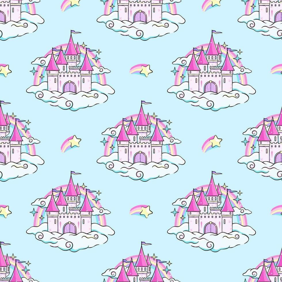 Fairy tale castle in clouds with rainbow behind, seamless pattern, background vector
