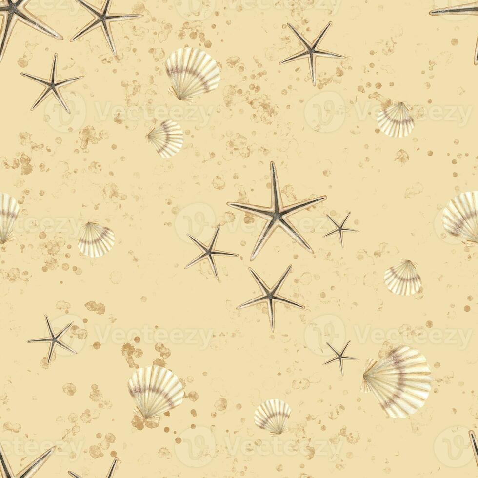 Seamless Seashell Pattern with Starfish and Scallop. Hand drawn watercolor illustration with sea Shells on beige background. Print with underwater cockleshells for wrapping paper or textile design photo