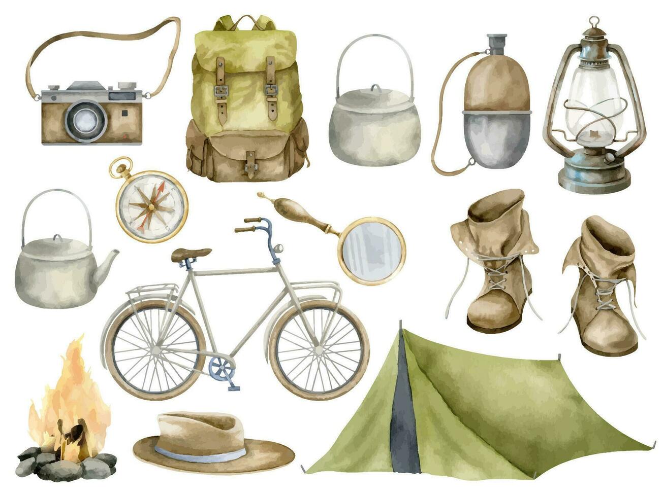 Camping watercolor set. Hand drawn illustration with backpack, tent and camera for adventure and travel on white isolated background. Drawing of vintage hiking equipment. Big expedition bundle. vector