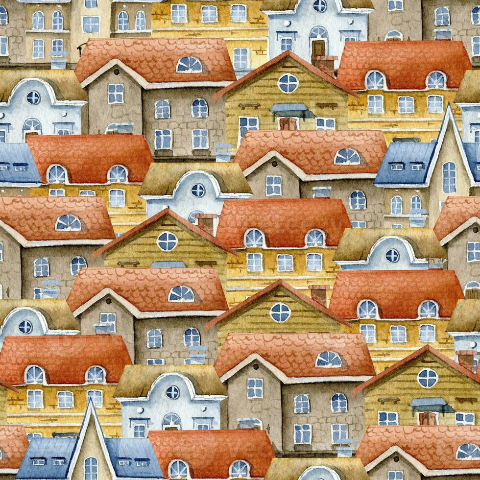 Old Town with Houses seamless Pattern. Hand drawn watercolor illustration of buildings with red roofs. Background with fairytale city for wrapping paper or banner. Texture with Europe street photo