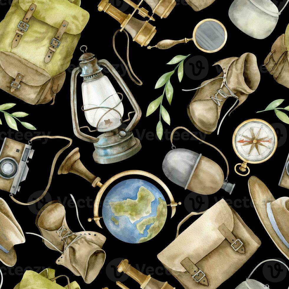 Seamless Pattern with retro Travel equipment. Hand drawn watercolor illustration with adventure backpack on dark black isolated background for journey and camping. Ornament for hiking design photo