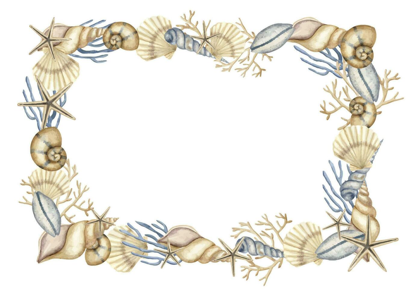 Seashell Rectangular Frame. Hand drawn watercolor illustration of border with sea shells and starfishes on white isolated background for greeting cards or invitations. Background with cockleshells vector