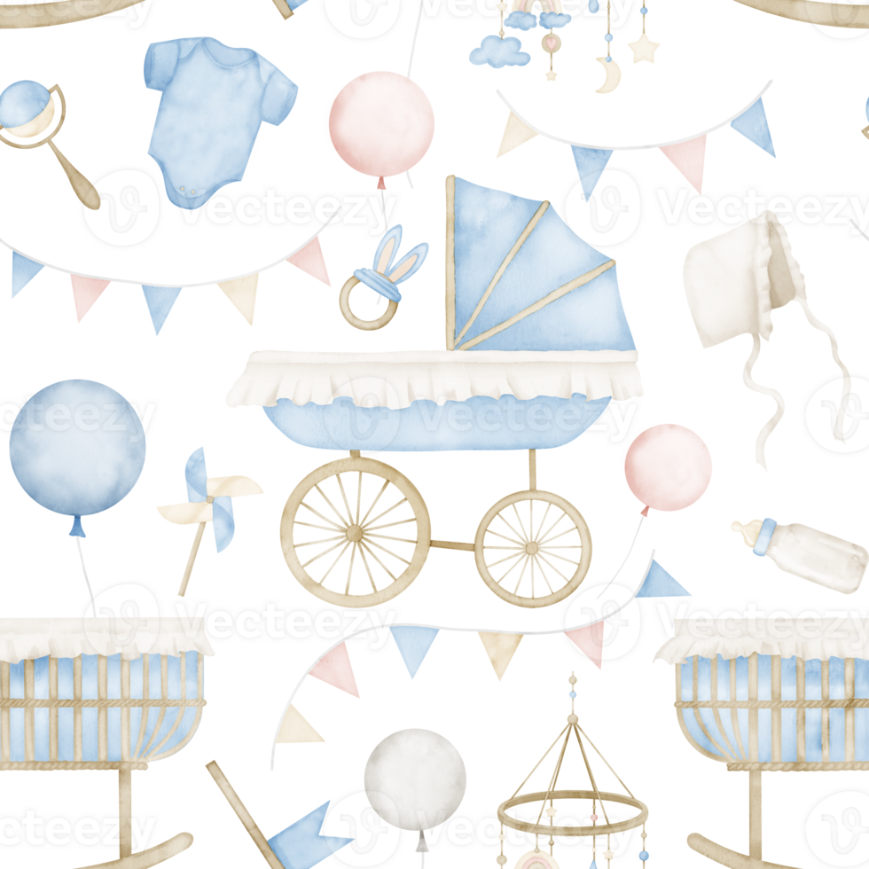 Seamless watercolor Pattern with Baby Toys and rattles. Hand drawn illustration with pinwheel, teether, balloons and garland on a transparent background. Ornament in pastel colors for childish textile png