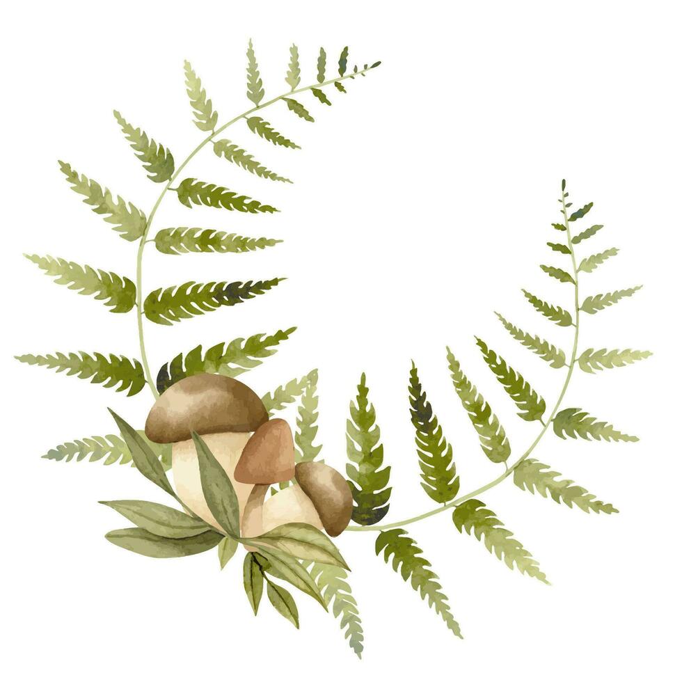 Forest greenery round frame with Fern and mushrooms. Hand drawn watercolor illustration of Wreath woodland plants on white isolated background. Drawing of green leafy border. Template for cards vector