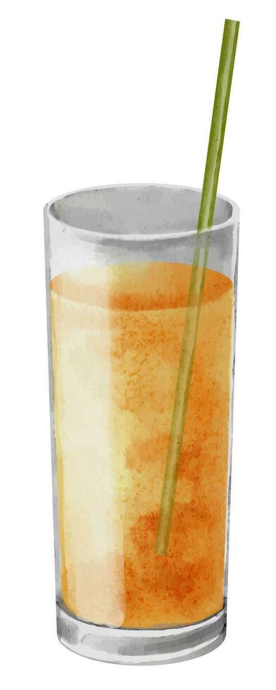 Glass of Orange Fruit Juice. Watercolor hand drawn illustration of fresh citrus tangerine beverage on white isolated background. Drawing of summer tropical drink with cocktail tube. Sketch of shake vector