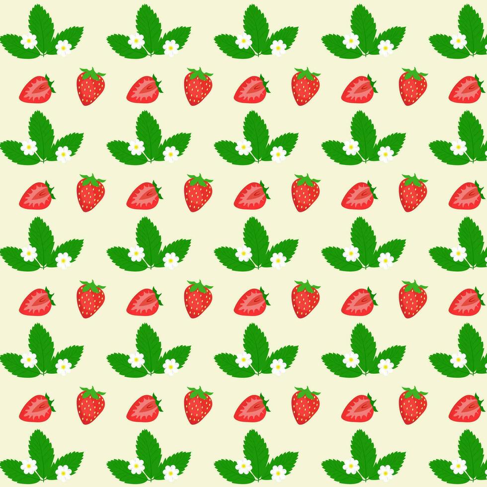 Seamless pattern with berries and leaves of strawberries, summer pattern with berries, berries, leaves and flowers of strawberries vector