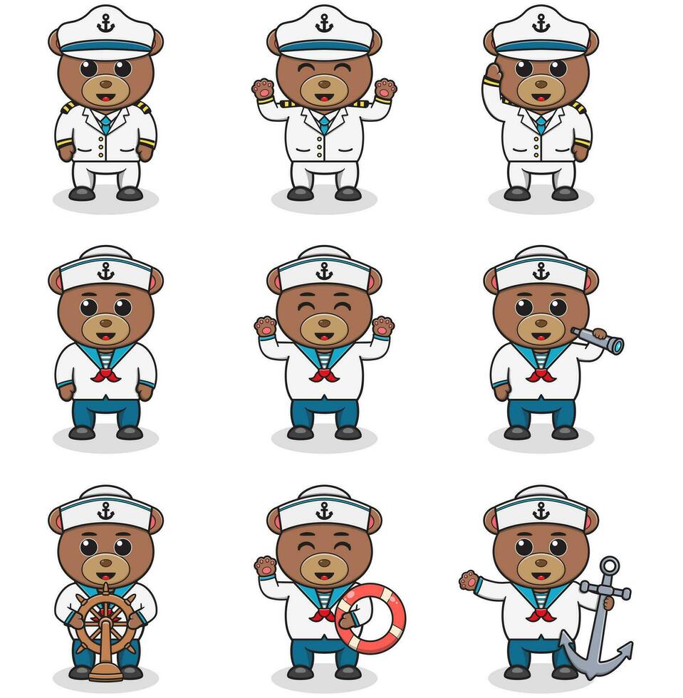 Funny Bear sailors set. Cute Bear characters in captain cap cartoon vector illustration.