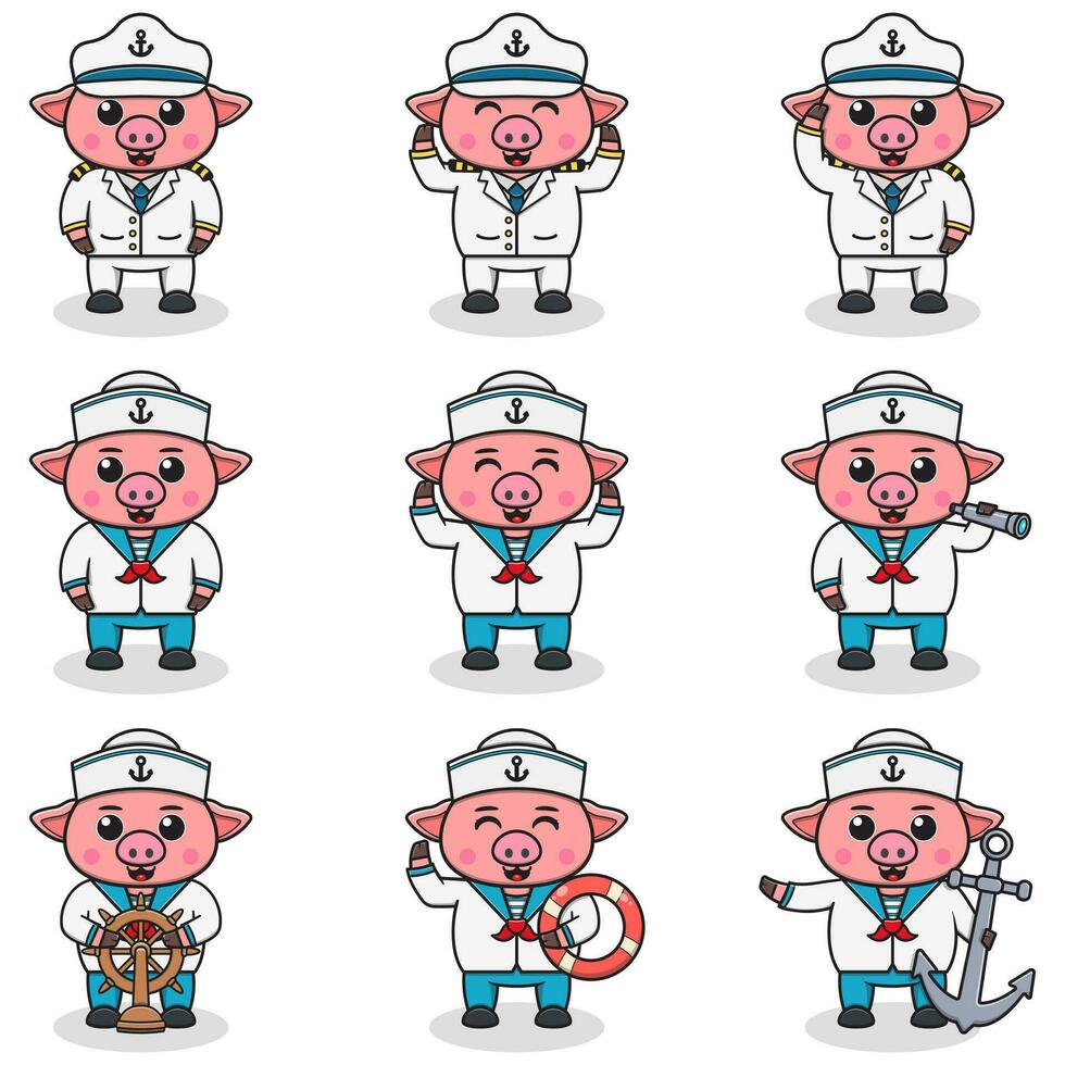 Funny Pig sailors set. Cute Pig characters in captain cap cartoon vector illustration.