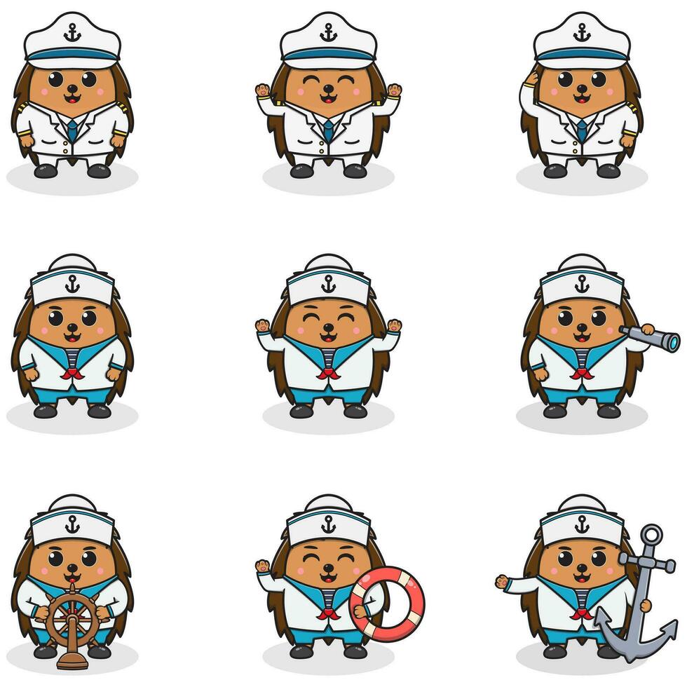 Funny Hedgehog sailors set. Cute Hedgehog characters in captain cap cartoon vector illustration.