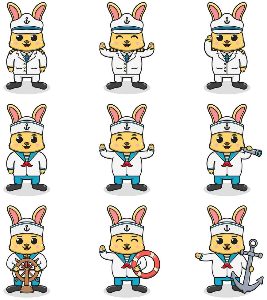 gracioso Conejo marineros colocar. linda Conejo caracteres en capitán gorra dibujos animados vector ilustración.