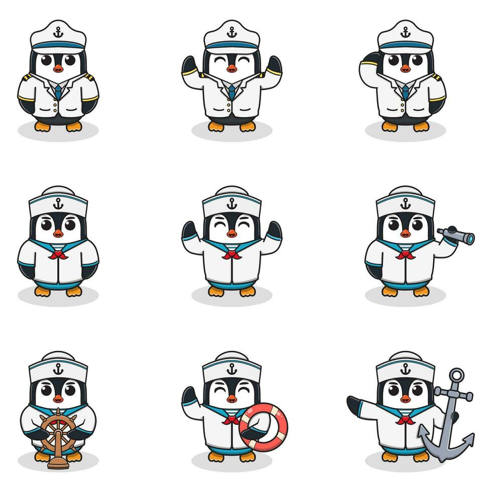 Funny Penguin sailors set. Cute Penguin characters in captain cap cartoon vector illustration.