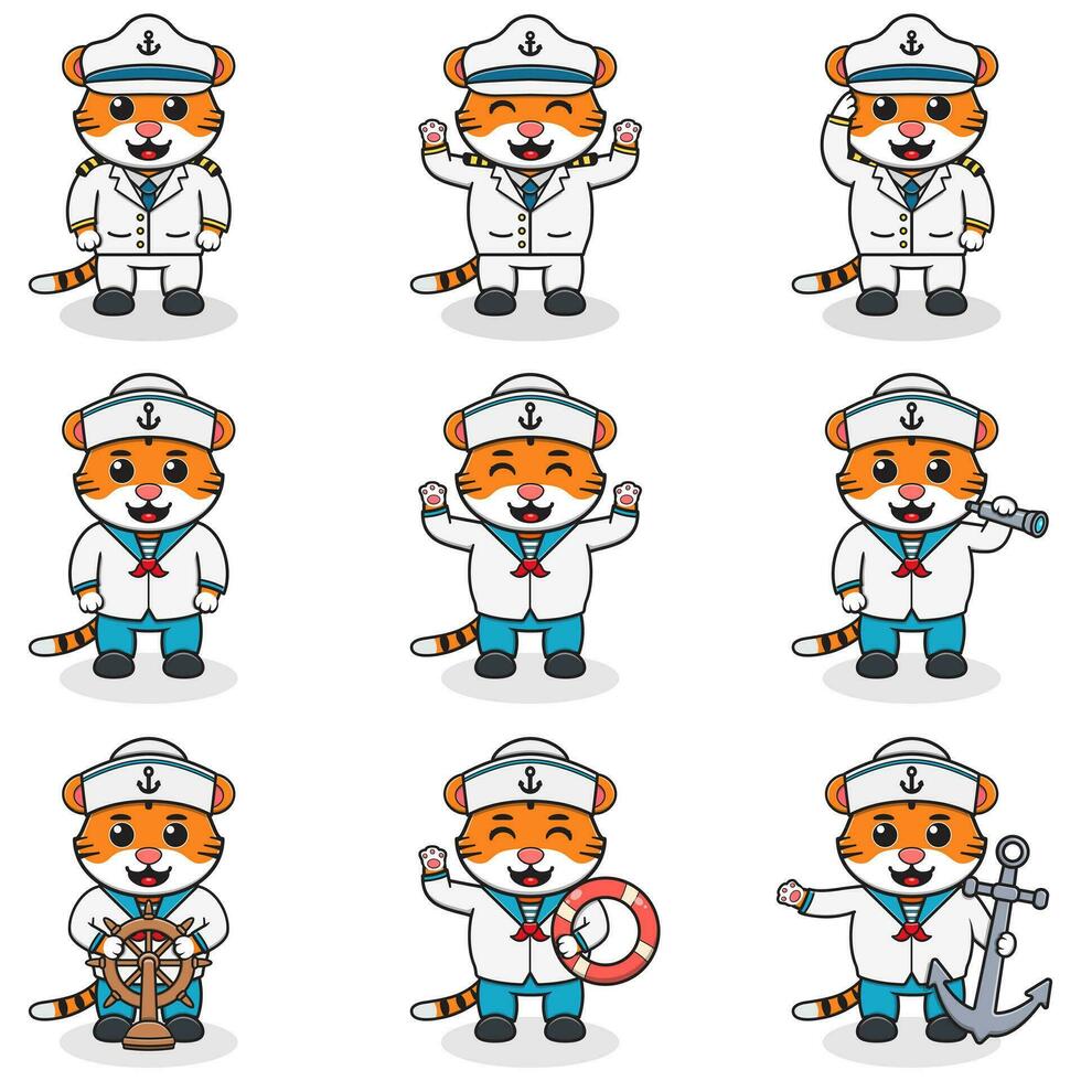 gracioso Tigre marineros colocar. linda Tigre caracteres en capitán gorra dibujos animados vector ilustración.